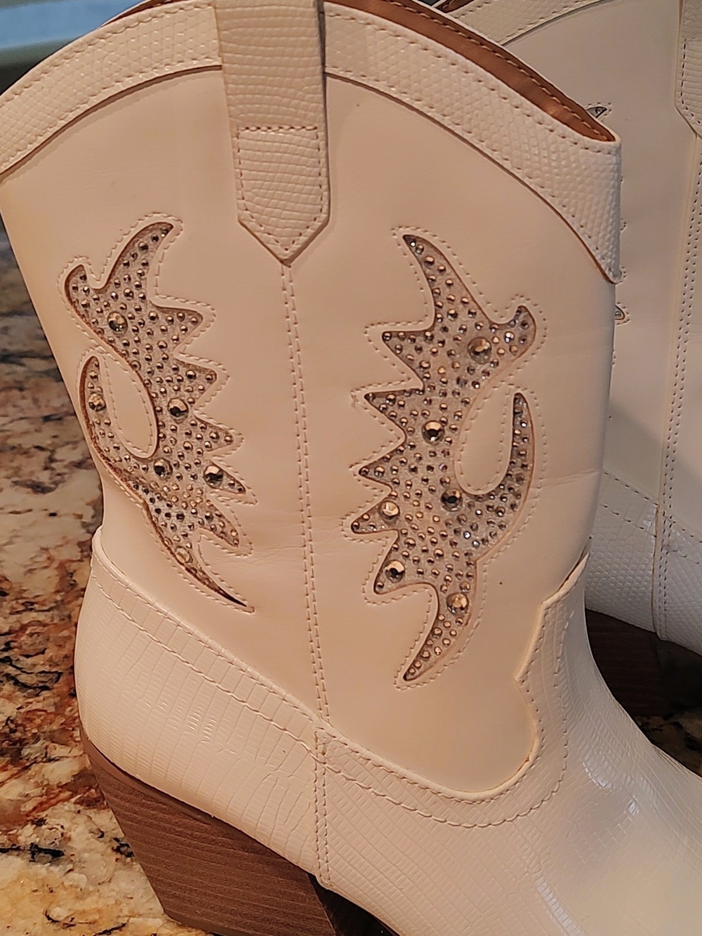 Soda White Rhinestone Western Mid-Calf Heeled Cowboy Boots - Picture 5 of 14